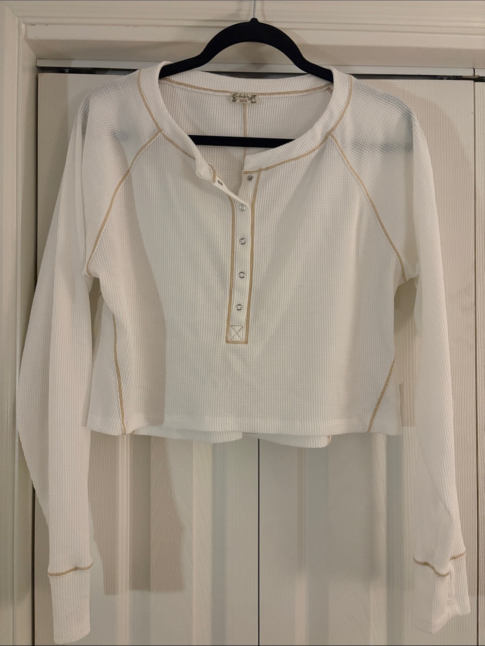Cropped Waffle Henley Long-Sleeve Top in Ivory